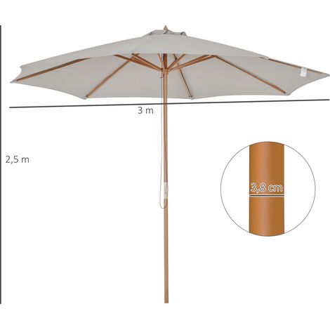 Outsunny Sonnenschirm Ø 300 cm, Sonnenschirm mit UV Schutz Balkonschirm aus Holz Strandschirm stabil Marktschirm Sonnenschutz für Strand Terrasse Garten, Grau
