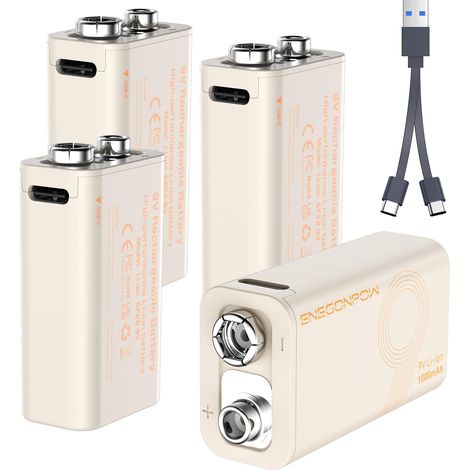 Piles Rechargeables 9V USB-C (Lot de 4) Piles au Lithium de 1000 mAh offrant Plus de 1000 Cycles de Charge, pour détecteurs de fumée, Microphones, Jouets et appareils médicaux (1/5)