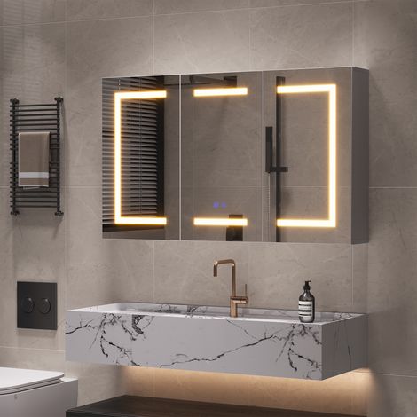 Armoires de Salle de Bain avec Miroir Salle de Bain avec Rangement 100×60×13.5cm, Armoire de Salle de Bain avec LED éclairage, 3 Températures, Fonction Anti-Buée, avec étagère Réglable, Prise et USB (1/5)