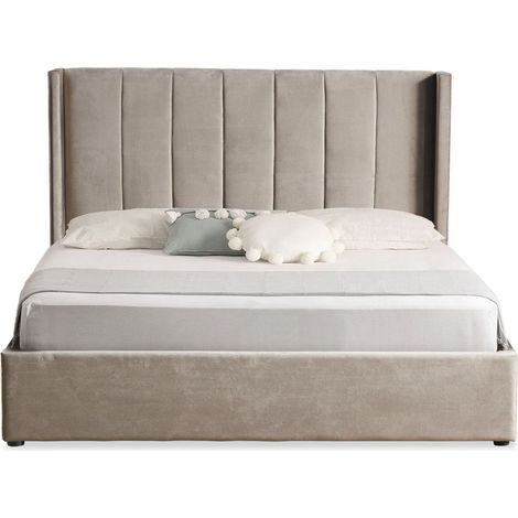 Cotecosy – Lit double relevable 160x200cm – Velours taupe – Tiroirs de rangement – Tête de lit capitonnée – Dimensions L170 x P217 x H110 cm (1/5)