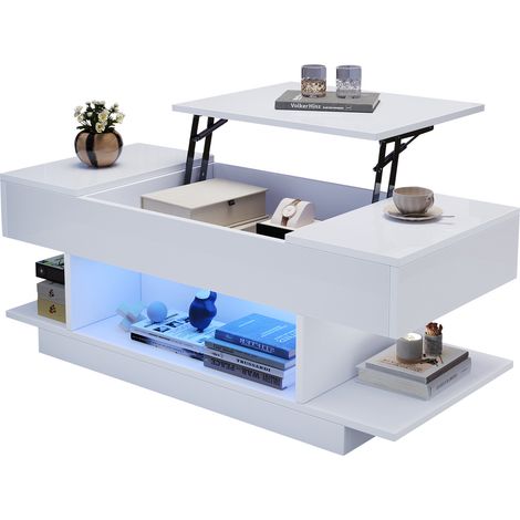 Table basse relevable 98 x 45 x 40 cm avec plateau réglable, 2 compartiments pliants, rangement semi-ouvert, table haute brillance avec LED,Blanc