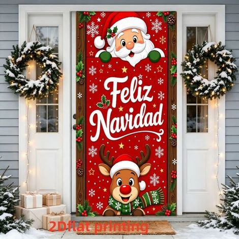 Décoration de porte de Noël / Panneau d'arrière-plan en polyester 90x210 cm avec bord élastique (1/2)