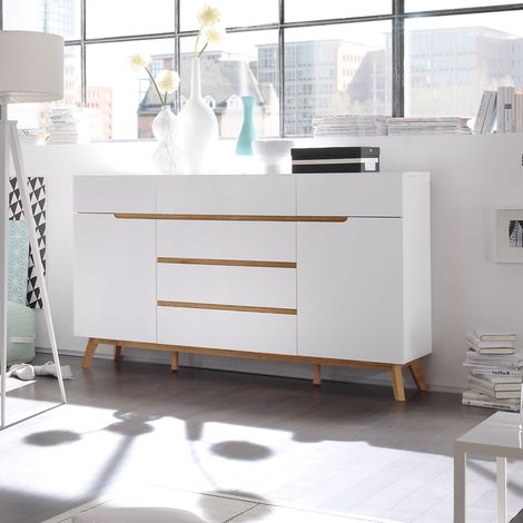Buffet 2 portes 6 tiroirs 169x40x101 cm blanc mat et chêne - MAXEY