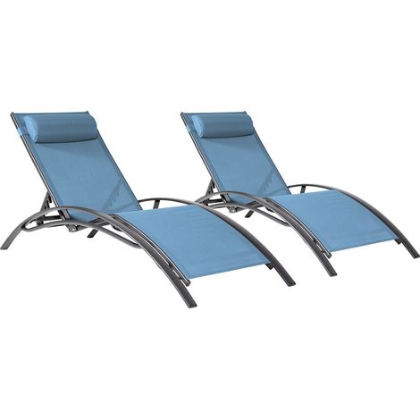 Happy Garden – Lot de 2 transats GALAPAGOS en textilène bleu gris – Structure aluminium gris anthracite – Dossier inclinable 5 niveaux – Confort optimal
