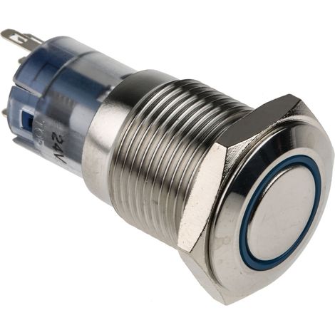 Bouton-poussoir, Momentané lumineux, LED Bleu, Unipolaire à deux directions (1RT), 3 A @ 250 V c.a., Argent, Montage ( Prix pour 1 ) (1/3)