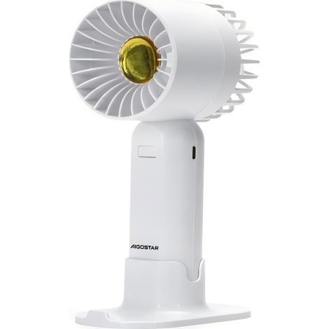 Ventilateur portable 2,7 pouces à 7 pales, 3 vitesses, batterie rechargeable 500 mAh, blanc avec support de table. (1/3)