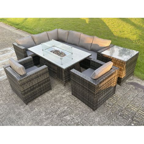Fimous Outdoor Rattan Garden Corner Furniture Gas Fire Pit Dining Table Gas Heater Sets Lounge Chairs Side Coffee Table Dark Grey 8 Seater (1/5)