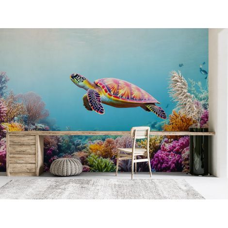 Papier peint animaux - tortue de mer glissant sur les coraux - 150 x 250 cm (1/2)