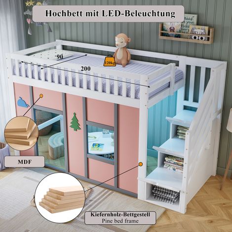 Lit superposé enfant 90x200 cm blanc et rose, mezzanine avec escalier de rangement, éclairage LED, espace jeu, barrière de sécurité et motifs décoratifs pour chambre junior (1/5)