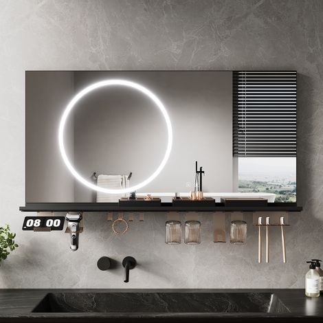 ELEGANT Anti-Fog LED Bathroom Mirror with Storage Shelf, 3 Color Lighting and Adjustable Lighting, 1200×600, Circular Light Strip