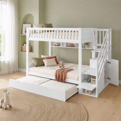 Letto a castello in legno di pino bianco 90x200 cm con letto estraibile, armadio, scaffale e scala contenitore (1/5)