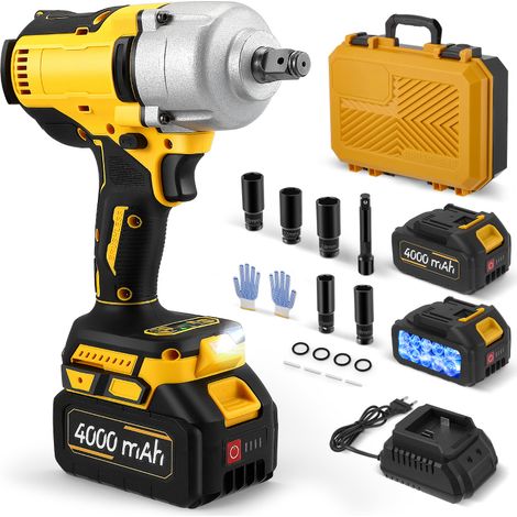 Visseuse à chocs sans fil 1000 Nm - Moteur sans balais 21 V, 3 vitesses, deux batteries 4,0 Ah, chargeur rapide, lampe LED, 5 embouts et accessoires inclus.