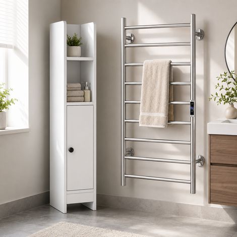 Ensemble indispensable pour salle de bains chauffée (2 pièces) – Meuble de sol étroit et sèche-serviettes électrique à 10 barres (1/5)