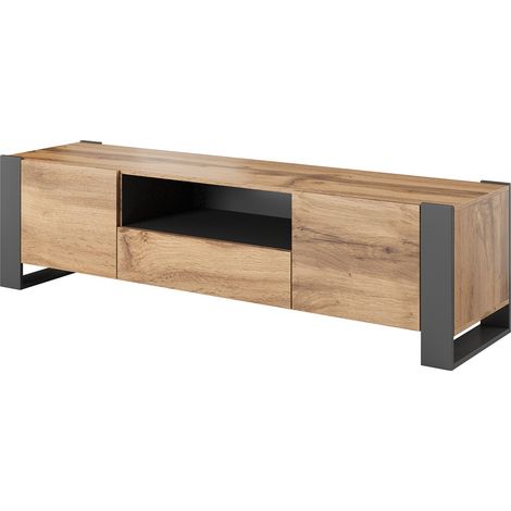 Meuble TV en frêne, buffet de salon avec trois portes battantes et trois compartiments intérieurs, surélevé du sol, 151x42 h60 cm, beige (1/4)
