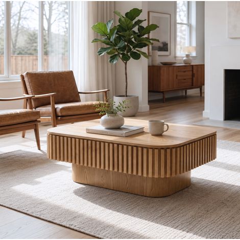 98cm Rectangle Fluted Coffee Table with Hidden Storage, Solid Wood Veneered Modern Cocktail Table, 5-Minute Easy Assembly Accent Tea Table for Living Room, Bedroom, Apartment or Office, Natural Wood (1/5)