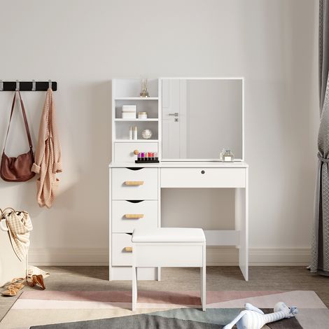 ELEGANT Dressing Table, Vanity Makeup Desk Slid Mirror and 5 Drawers 2 Shelves, Dresser Set with Stool