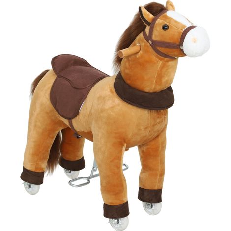 Cheval d’équitation pour enfants, avec roues, en tissu, brun, pour enfant, 3 à 5 ans, cadre solide, roues souples, cheval à bascule