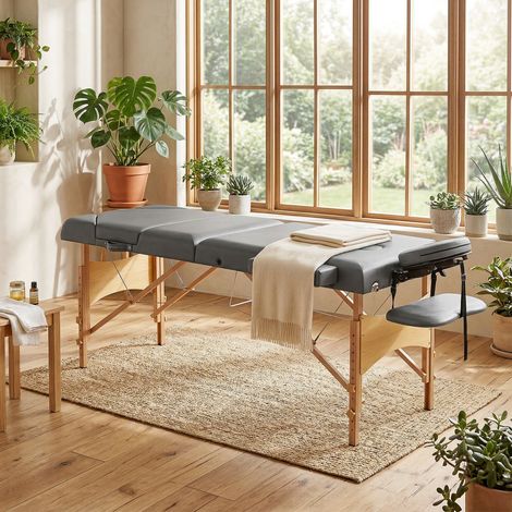 Table de massage pliante 215x60x64-89 cm gris en bois à 3 zones avec dossier, appuie-têtes réglables, accoudoirs (1/4)