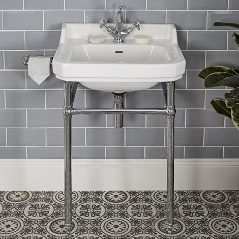 Hudson Reed – Lavabo sur colonne rétro 56 cm en céramique blanche – Installation sur support – Design Old London – Percé pour robinetterie 35 mm (1/5)