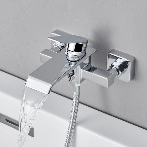 Robinet Baignoire Cascade, Mitigeur Baignoire en Laiton, Mitigeur Monocommande Montage Mural pour Douche avec 2 Sorties, Robinet de Bain Apparent, Raccord Fileté 1/2", Chromé