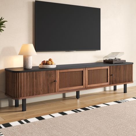 Modernluxe - Meuble TV moderne 190x35x45 cm - 2 portes coulissantes et 2 portes grillagées - Design rond - Marron (1/5)