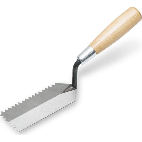 Frattazzo per bordi seghettati Marshalltown, intaglio a V con 6x4,5 mm e manico in legno, frattazzo stretto per posti stretti, dimensioni: 127x51 mm