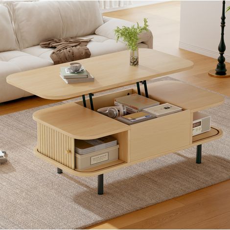 Credenza 101/51/52,5 cm effetto legno naturale con piano sollevabile e 2 ante a serranda (1/5)