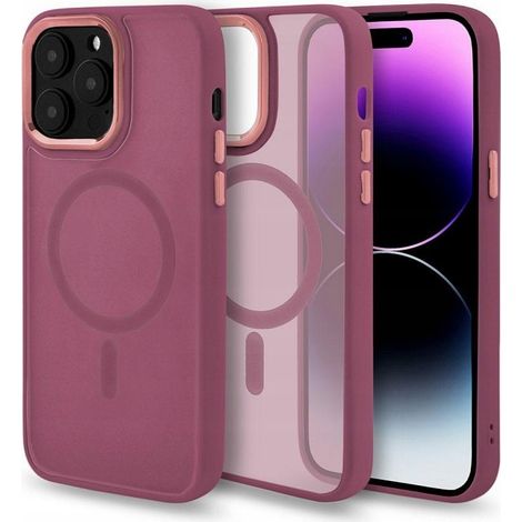 Funda para iPhone 15 Pro REFORZADA MAGSAFE ANTICHOQUES, TRANSPARENTE, COLOR BORGOÑA + Cristal (1/5)