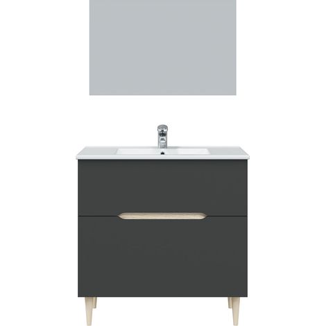 Pegane – Meuble sous vasque noir avec miroir – Panneaux de particules mélaminés – Longueur 80 cm x Profondeur 45 cm x Hauteur 80 cm – 1 porte abattante et 1 tiroir (1/5)