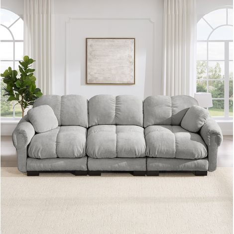 Sofá Cloud de 3 plazas de chenilla gris claro con 2 cojines decorativos OKWISH (1/5)