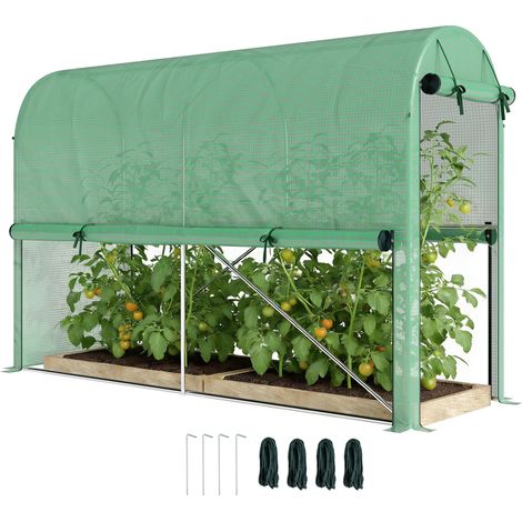 Serre de jardin PE, serre de balcon, bâche renforcée 140 g/m², châssis en acier, porte zippée enroulable, pour légumes plantes fleurs, intérieur et extérieur, 300 x 100 x 200 cm, vert