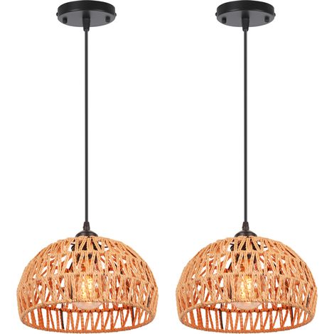 2X Retro Ceiling Light E27 Braided Hemp Rope Pendant Lights, Round Metal Cage Lampshade Ø25CM, Indoor Pendant Light (Black) (1/5)