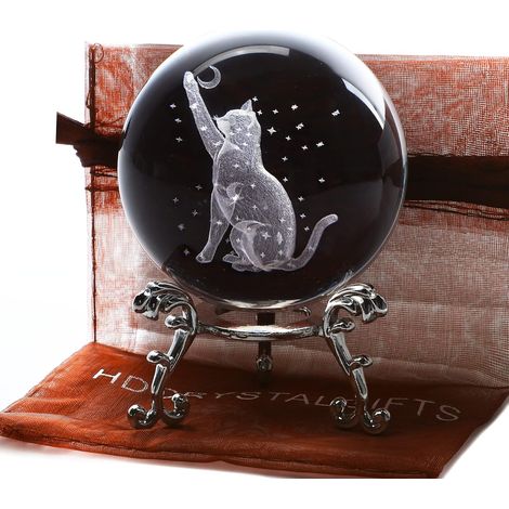 HOXILEELEO - Boule de cristal 3D chat de 60 mm, gravée au laser, avec support. Idéale comme presse-papier sphérique en verre, elle est le cadeau parfait pour les amoureux des chats. (1/4)