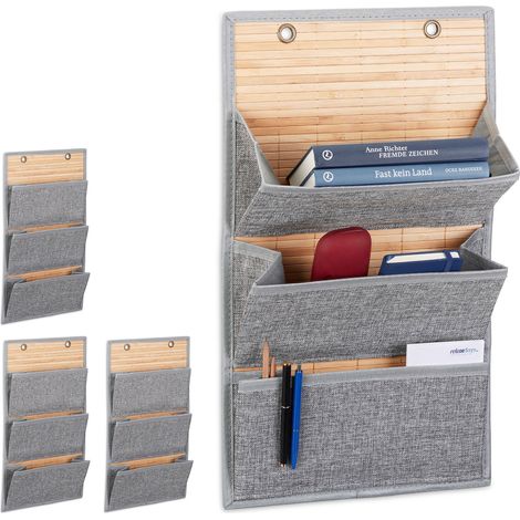 4x Porte-documents organiseur mural 3 compartiments porte ou mur, gris