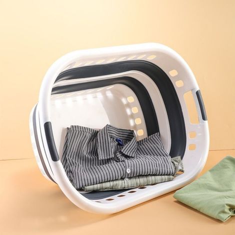 Panier à linge pliable gris blanc en PP et TPR, dimensions 60×45×28cm, panier de rangement perforé à poignées (1/5)
