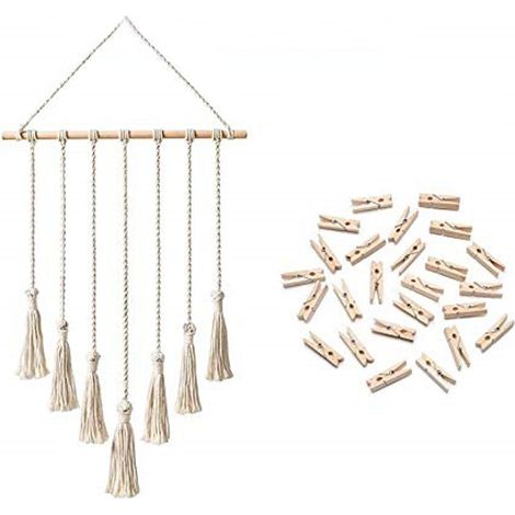 Cadre Photo Boho avec Suspension Macramé et 25 Clips Bois - Support Photos Décoratif en Cordon de Coton, 65x40 cm, Cadeau Créatif Femmes (1/5)