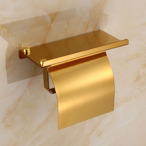 Wall Mounted Toilet Paper Holder - Gold, Stainless Steel Toilet Paper Holder with Phone Holder for Bathroom and Kitchen (1/5)