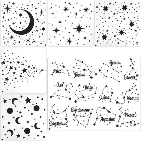 6pcs Pochoir Ciel Nocturne, Modèle Lune et Étoiles et Pochoirs Zodiaque, Pochoir Étoile Pochoir Plastique Reutilisable pour Meubles En Bois, Papier, Murs, Toiles (1/5)