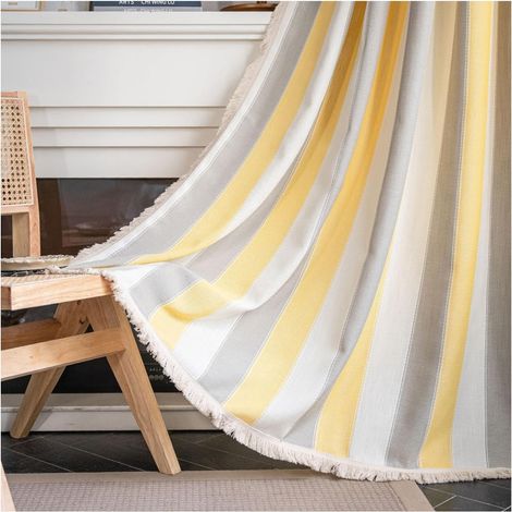 JSSEVN - Curtains, 1 Piece, 264x200CM, Yellow Gray Rod Pocket, Cotton, Tricolor Stripes, 132x200 cm x 1pc, Modern for Living Room/Bedroom (1/4)