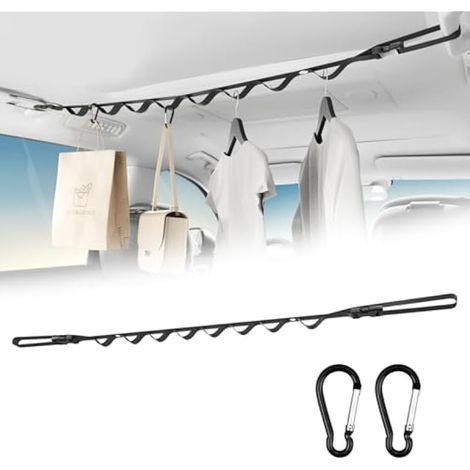 Corde à linge pour voiture, robuste, longueur réglable de 83 à 119 cm, sangle pour suspendre les cintres, avec 2 mousquetons en aluminium (1/4)
