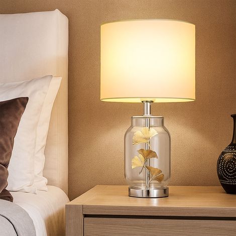 Lampe de table LED Lampe d'appoint Feuilles Design Abat-jour textile blanc, verre plastique métal textile, 1x E27 LED blanc chaud, DxH 25x38 cm (1/5)