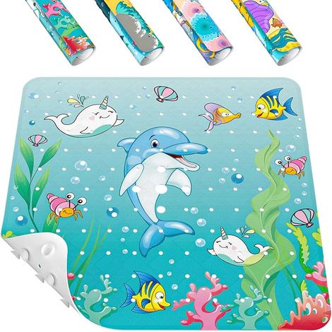 Carré Tapis de Douche antidérapant pour Enfants, 53 x 53 cm bébé Tapis de Bain, Tapis de Baignoire avec ventouses puissantes et Trous d'évacuation, Lavable en Machine, Dauphin (1/5)