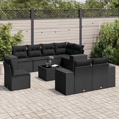 Salon de Jardin 9 Places Noir Résine Tressée avec Table Verre Trempé et Coussins Détachables - Ensemble Modulaire Jardin Terrasse (1/5)