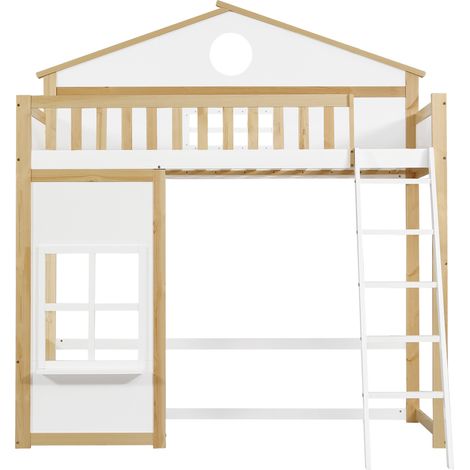Cama alta infantil con escalera 90x200 cm blanco/natural pino MDF con techo y ventanas (1/5)