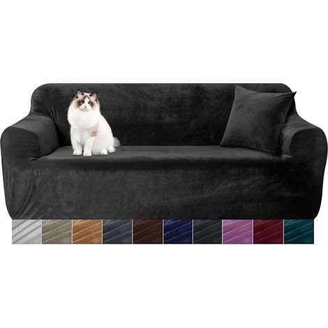 Housse de canapé velours épaisse 2 places 145-185cm, protège-sofa extensible élastique ajustable, enveloppe de siège antidérapante uni noir, housse anti-taches pour salon (1/4)