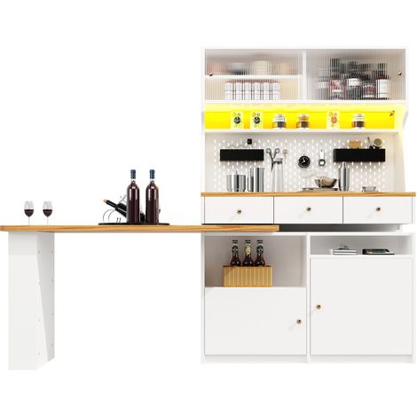 ELVMI Credenza da Cucina Alta con 2 Ante, 3 Cassetti, Piano Estraibile e LED, in MDF, Bianco, 137 x 45 x 178 cm (1/5)