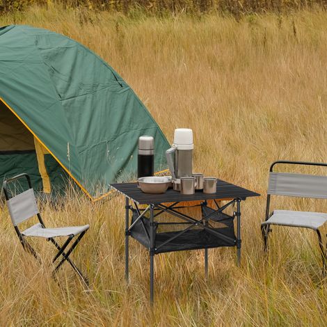 Outsunny Campingtisch aus Aluminium faltbar Klapptisch Falttisch mit Netztasche tragbarer Picknicktisch für Camping Garten Party Picknick Balkon Schwarz 70 x 70 x 69 cm