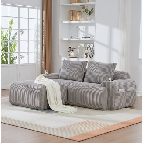 Sofá modular de 2 plazas en pana gris claro, 200x174x80 cm, con portavasos integrado y bolsillo lateral (1/4)