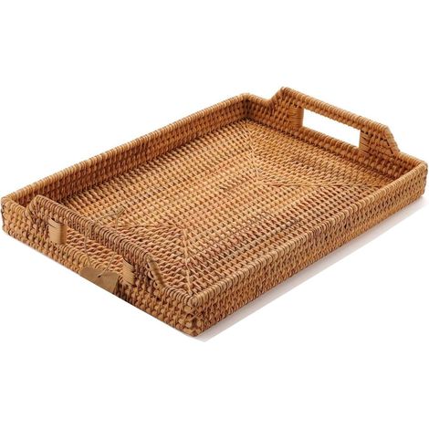Plateau de Service en Rotin avec Poignées, Plateau en Osier Rectangulaire pour Petit-déjeuner, Boissons, Collation (43cm) (1/2)