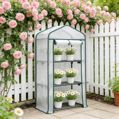 Invernadero de jardín exterior 69 x 49 x 125 cm con puerta enrollable, 3 estantes, blanco DESVIAE (1/5)